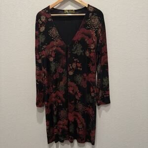 Vintage Mirasol Floral Cardigan Womens Top M Black With Red And Green Flowers